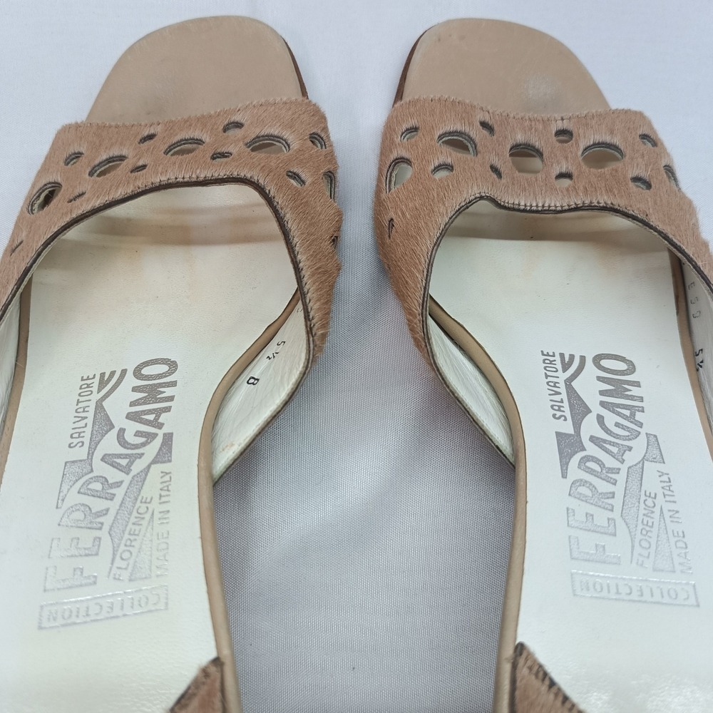 Salvatore Ferragamo Calf Hair Laser Cut Out Mules Kitten Heel Tan 5.5B Designer - Picture 8 of 10